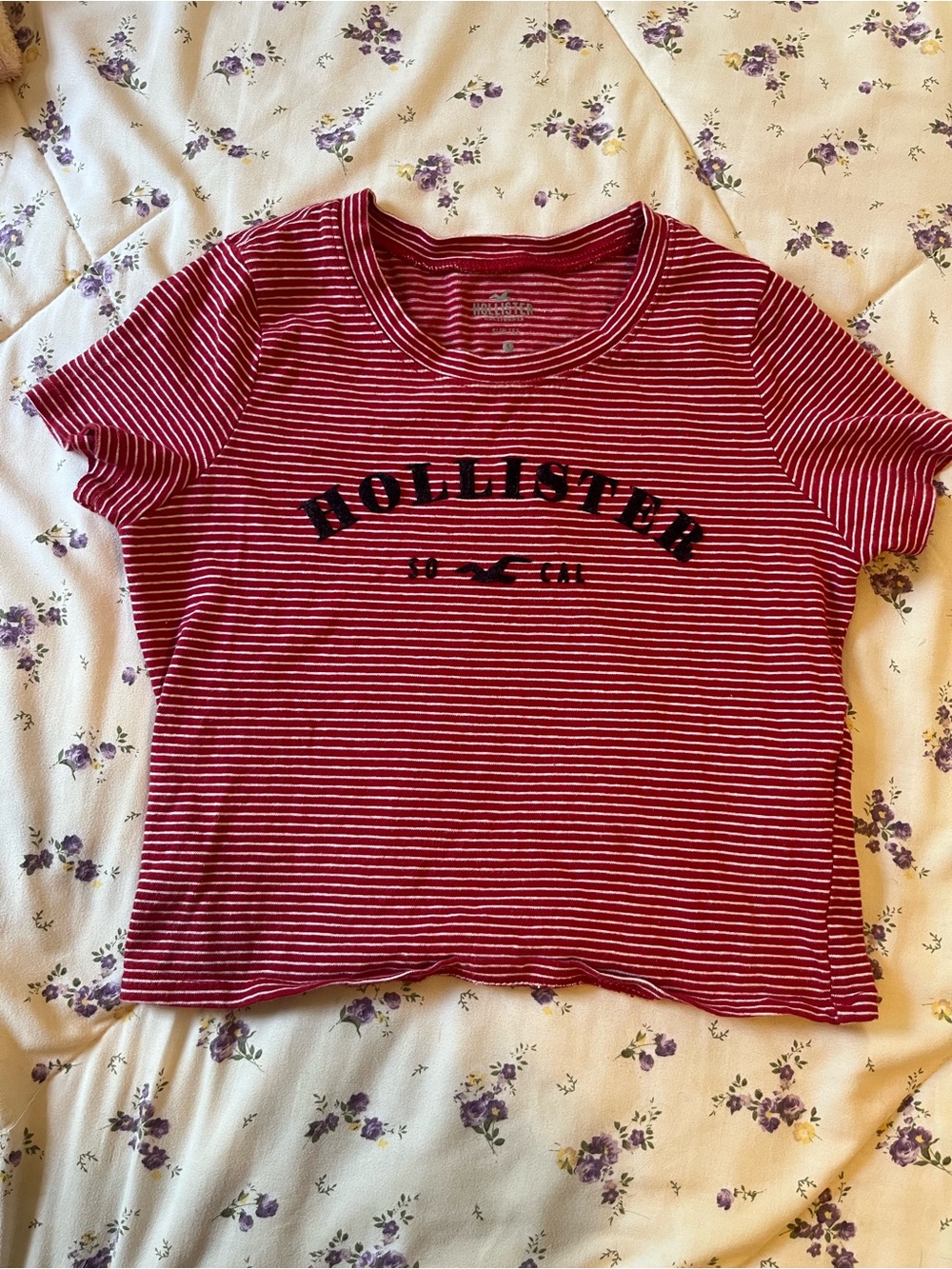 100% Cotton- Hollister Red Striped Logo Tee